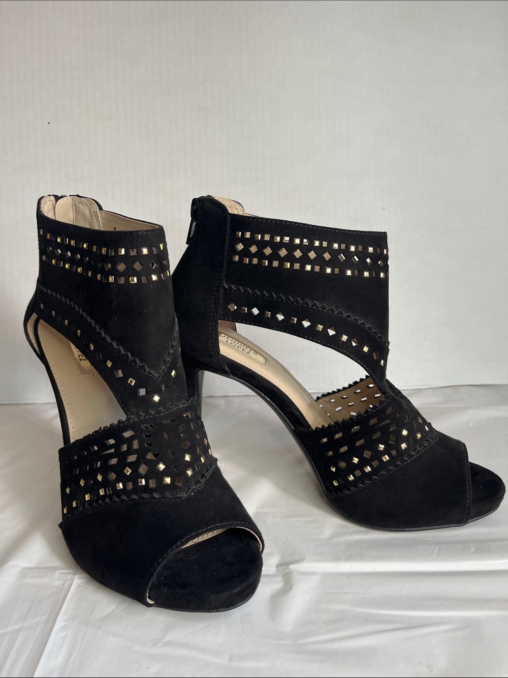 Jennifer Lopez Black Suede Open-Toe Cutout Heels with Stud Accents